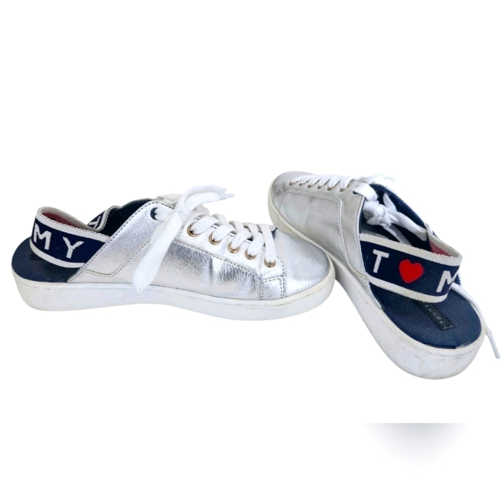 Tommy Hilfiger Size US  6.5  Silver and White Back Sling Sneakers